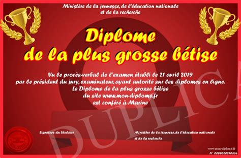 The word 'betise' is made up of 6. Diplome-de-la-plus-grosse-betise