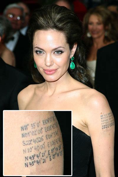 Angelina jolie attended the dumbo premiere in los angeles in early march wearing a stunning white chiffon gown, however, it wasn't the custom versace number that. 12 Best Celebrity Tattoos | fatsaloon