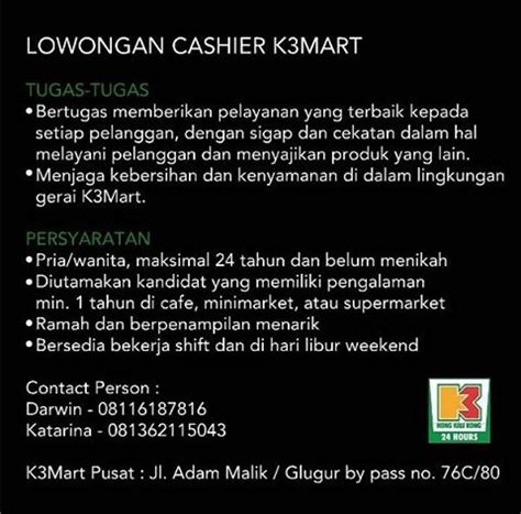 Apakah perbezaan antara tugas juruwang di kawasan perkhidmatan yang berbeza? Lowongan Kerja Cashier K3 MART - Lowongan Kerja Medan dan ...