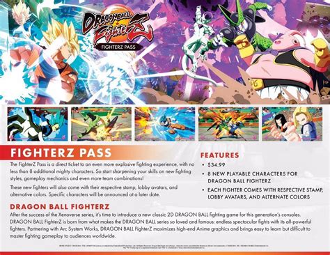 The game, fighterz pass (8 new characters), anime music pack (11 songs from the anime), commentator voice. Todo el Contenido descargable (DLC) de Dragon Ball FighterZ