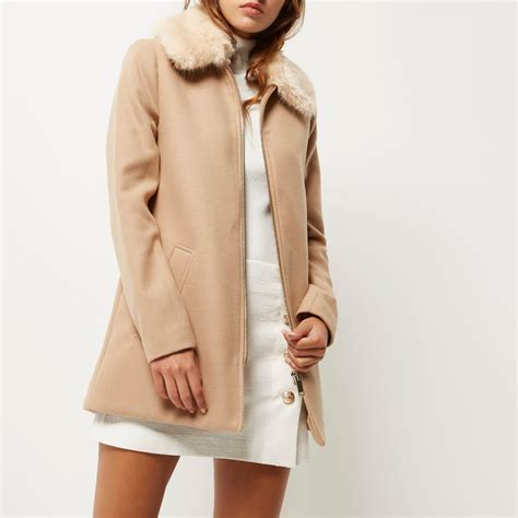 Shop over 110 top coat with tall collar and earn cash back all in one place. River Island Camel Faux Fur Collar Swing Coat in Cream ...