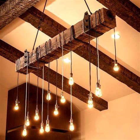 Aged oak wood 4 hanging light chandelier with barnwood beam and iron brackets free shipping edison bulbs rustic chandelier lighting. Reclaimed Wood Beam Chandelier with Iron brackets ...