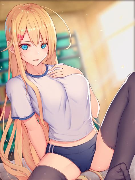 Top 50 sexiest anime girls with big boobs. blonde, blue eyes, long hair, big boobs, open mouth, looking at viewer, hand on chest, sitting ...