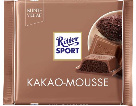 Cocoa solids 30 % minimum, milk solids 18 % minimum. RITTER SPORT Kakao-Mousse (100 g), Gefüllte Alpen ...