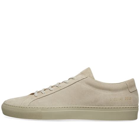 Style code and size printed in gold on heel. Common Projects Original Achilles Low Suede Taupe | END.