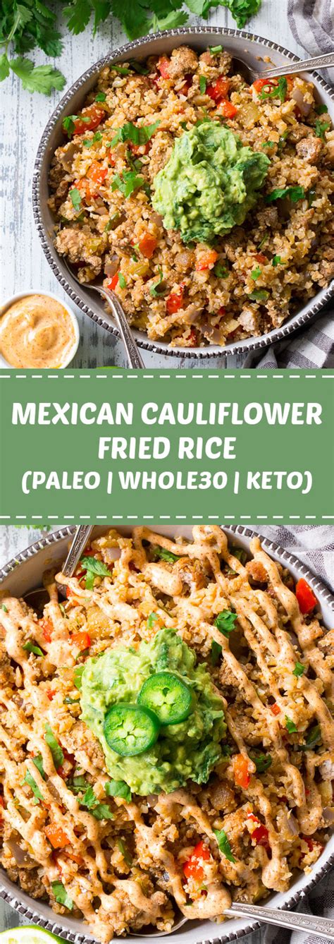 Heat the oil and ghee in a large skillet over high heat and add in the onion and garlic; Mexican Cauliflower Fried Rice (Paleo, Whole30, Keto)