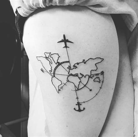 This lower arm tattoo prominently features an open compass resting on top of a world map. Travel tattoos tattoos tattoos, adventure tattoo и map ...