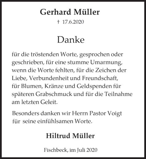 Der deutsche rekordmeister und seine gesamte fangemeinde trauern um gerd müller. gerd müller erzielte in 607 pflichtspielen unglaubliche 566 treffer für den fc bayern und stellte die bis. Traueranzeigen von Gerhard Müller | Trauerportal Ihrer ...