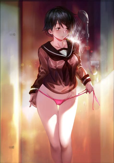 Maybe you would like to learn more about one of these? Wallpaper : anime girls, short hair, black hair, panties, wet clothing, lady, costume ...