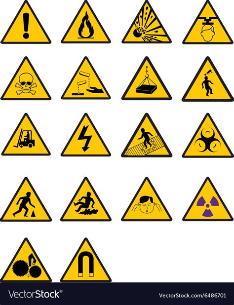 Iso 7010 warning signs always include a black triangle on a yellow background with a standardised black pictogram. Warning Safety signs Royalty Free Vector Image