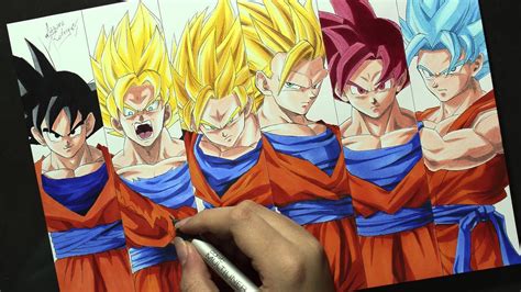 They have large foreheads, slanted, triangular eyes, and small lower faces. Speed Drawing - GOKU TRANSFORMATIONS Dragon Ball Z - YouTube