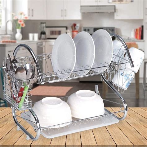 Glotoch dish drying rack 2 tier w/ utensil, cup holder & dish drainer silver 16.5x10x15. Stainless-steel 2-Layer Dish Drainer / 2 Layer Dish Rack ...