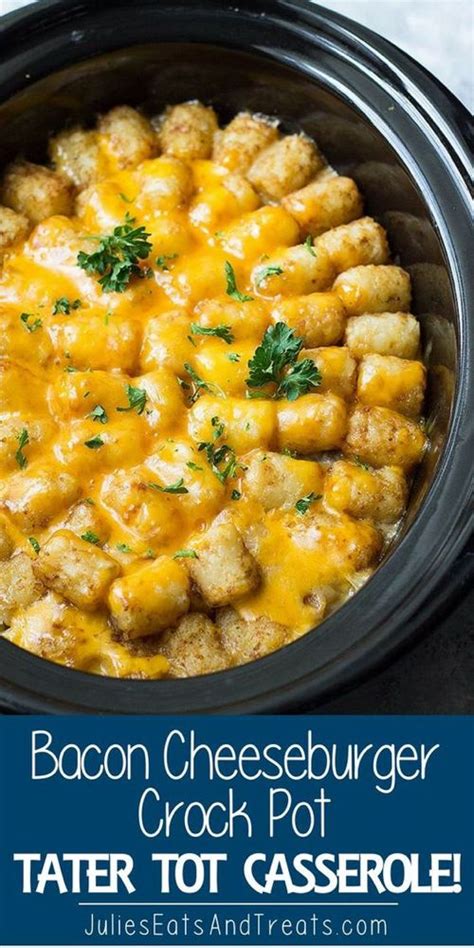 Frozen tater tots, cheddar cheese, ground beef, and cream of mushroom soup combine for a comfort food classic in this recipe. Bacon Cheeseburger Crock Pot Tater Tot Casserole - Easy slow cooker twist on a classic Tater Tot ...