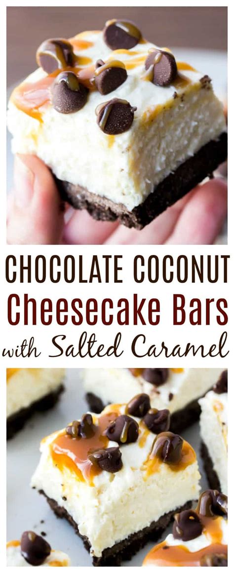 The creamy cheesecake is loaded with coconut, white chocolate and cream cheese. Coconut Cheesecake Bars with Chocolate & Salted Caramel ...