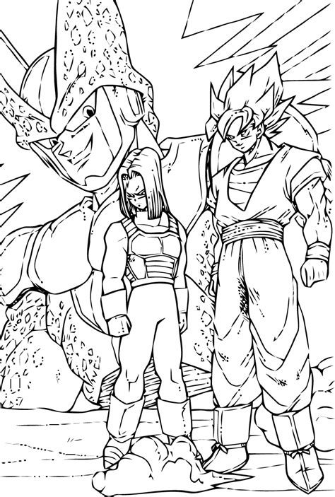 Dragon ball z trunks coloring pages. Songoku , Trunks and Cell - Dragon Ball Z Kids Coloring Pages