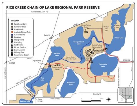 The upper part of the water trail (the first 7 miles) makes its way through five lakes before narrowing into a creek. Rice Creek Chain of Lakes Regional Park Reserve - Maplets