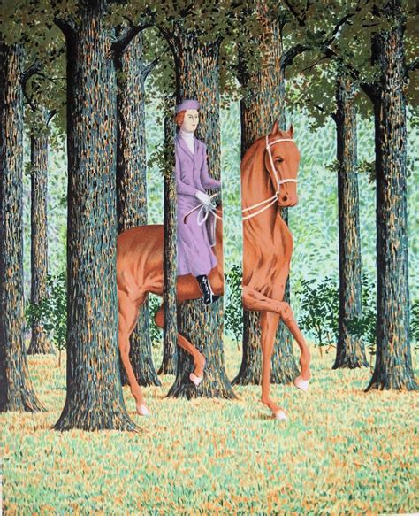 He often painted everyday objects out of context, in juxtapositions forcing the viewer to reconsider things normally. (after) René Magritte - Le Blanc Seing (Woman on a Horse ...