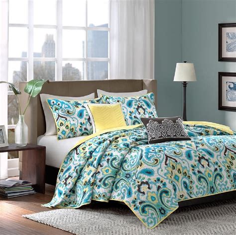 When the word aqua, teal or turquoise comes first, usually that is the more dominate color in the bedding color scheme. Caprice in Yellow, Teal, Green and Black Coverlet Sets by ...