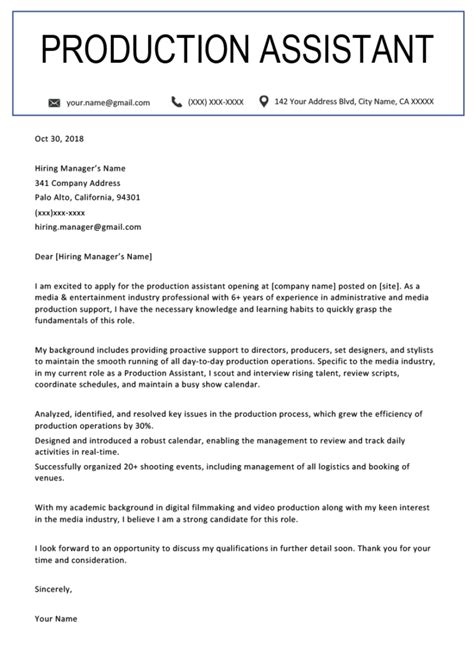 Create cover letter create cover letter. Production Assistant Cover Letter Example (With Writing Tips)