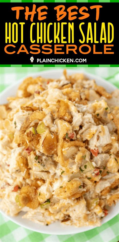 Delicious and easy chinese chicken salad recipe is a healthy low fat recipe too! The BEST Hot Chicken Salad - seriously delicious chicken casserole!! Baked chicken salad loaded ...