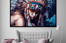painting feathered native canvas artwork indian living beauty decor woman american print room girl