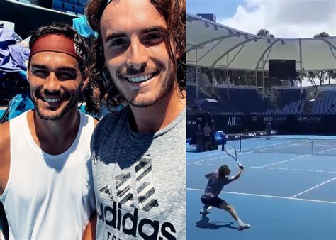 Stefanos tsitsipas coach apostolos tsitsipas tennis practice at the academy 19.10.2019. Stefanos Tsitsipas and Fabio Fognini hitting extremely ...