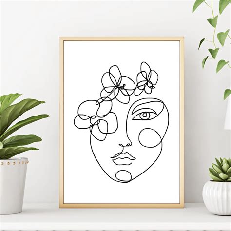 Single line face art print minimalist poster woman face one line drawing neutral wall art canvas painting home room wall decor. Abstract Line Drawing Woman's Face with Flowers Minimalist ...
