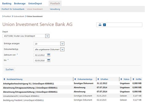 Die visualisierungen zu union investment service bank ag, frankfurt a. UnionDepot im Online-Banking der SÜDWESTBANK