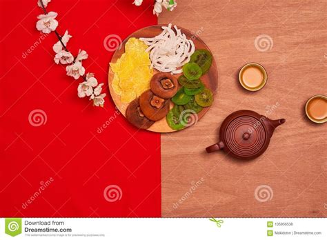 Conceptual Flat Lay Chinese New Year Food And Drink Still Life. Stock ...