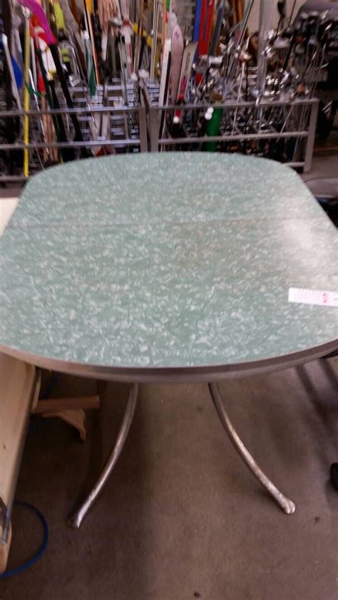 Formica table not sure if this table is from late 1950's or the 1960's. 1950s Oval Formica Table with Turquoise Green Top with ...