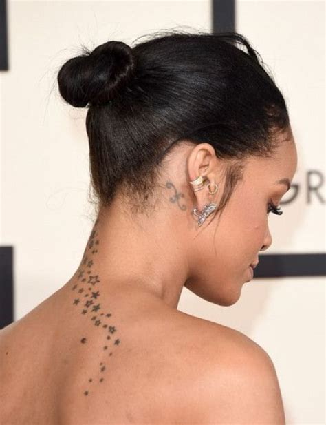 There are 2 types of star tattoo designs pentagram and nautical. Rihanna Twisted Bun | Rihanna neck tattoo, Rihanna tattoo ...