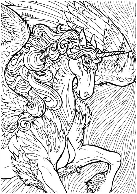 Coloriage licornes a ailes a imprimer : Licorne ailée - Licornes - Coloriages difficiles pour adultes