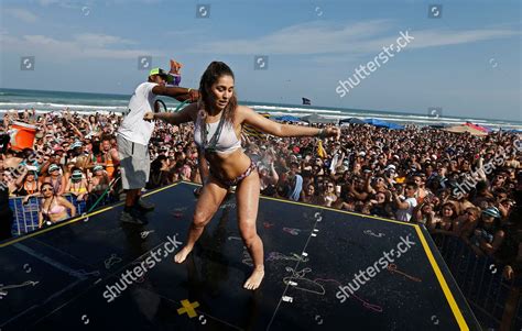 Short spring break wet tshirt contest. People participate wet tshirt contest on stage Editorial ...