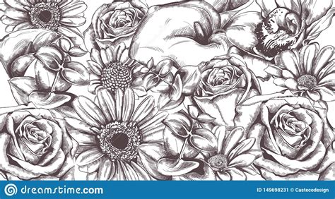 Vintage Flowers Pattern Vector Line Art. Roses And Sunflower Detailed ...