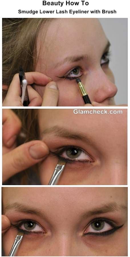 Do the same as you would when you tight line but, with a slight flick of the wrist, extend the line upwards following the curve of your lower lash line. Beauty How To - Smudge Lower Lash Eyeliner with Brush