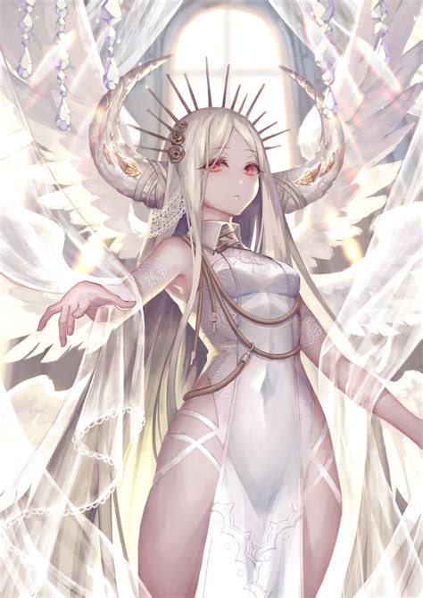 Wallpaper : angel, horns, anime girls, white hair, long ...