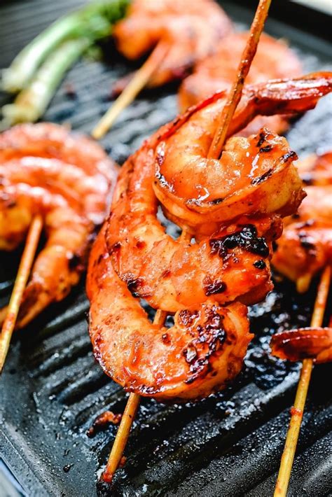 Serving of shrimp yields 80 calories, 1 g of fat and 18 g of protein. Spicy Grilled Shrimp Skewers Gochujang Saewu Gui Korean ...