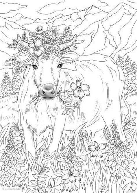 Cow with flower crown, farmhouse cow art, cow on canvas art, fine art or canvas cow print. Cow in Flowers - Printable Adult Coloring Page from ...