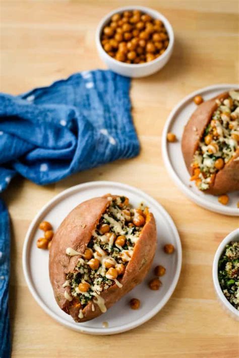 Baked sweet potatoes topped with a. Quinoa Stuffed Sweet Potatoes - I Heart Vegetables