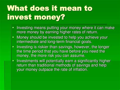 The money used in a particular country is referred to as its currency. PPT - Investing Money PowerPoint Presentation, free ...