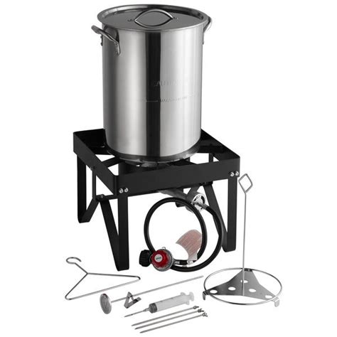 Propane turkey fryer has a roomy aluminum fry pot with handles and lid to give you plenty of room for frying a turkey up to 18 lbs. 30 Quart Turkey Fryer Kit Stainless Steel Stock Pot Liquid ...