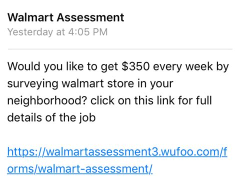 Criminals send thousands of emails a day asking recipients to participate in a survey. WalMart - Text Scam | Business Evaluation Services