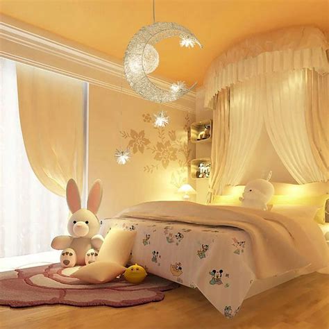 This bedroom offers a classy bed set on the reddish hardwood flooring, surrounded by white walls and ceiling. Moon Star Ceiling Light hanging lights for bedroom Kids ...