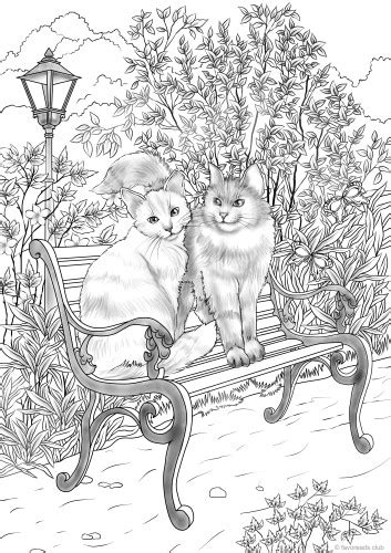 Kitten hunting in the garden. Romantic Cats - Printable Adult Coloring Pages from Favoreads