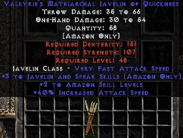 Explaining my amazon summoner javelin build from diablo 2 median xl sigma. Valkyrie's Matriarchal Javelin of Quickness - +2 Amazon/+3 ...