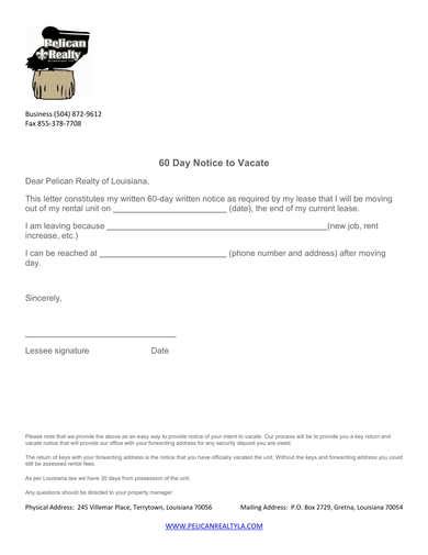 If the tenant still does not vacate the dwelling, the landlord must file for a writ of execution of judgment and pay additional fees. FREE 5+ 60-Day Notice to Vacate Forms in PDF