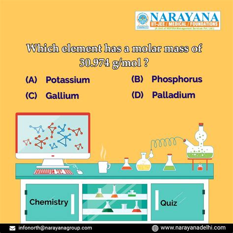 All you need to do is find the atomic mass of the element on the periodic table and report the number with the unit grams per mole or g/mol. Which element has a molar mass of 30.974g/mol? # ...