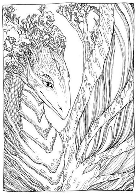 Dragons are huge mythical creatures that can fly and burn fire. Adult Coloring Page Fantasy Tree-Dragon Doodle Printable ...