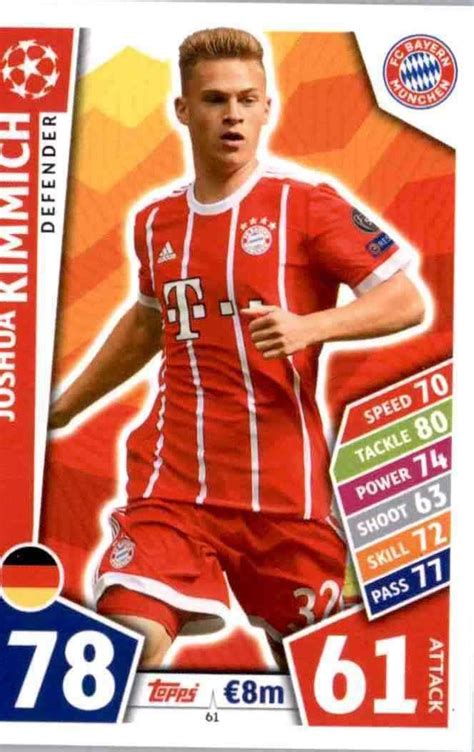 Minutes per game 90.0, scoring frequency , goals per game 0, shots per game 0.0, assists 2.0, passes 0.0, key passes 0.0, accurate per game 0, accurate long. Buy Online Cards from Joshua Kimmich Bayern Munich Topps ...
