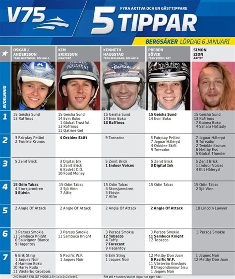 Här hittar v75 tips i och med fem tippar v75 inför v75 på söndag som avhandlas på romme travbana. Fem tippar V75 till Bergsåker 6 januari 2018 | Hingsten.se